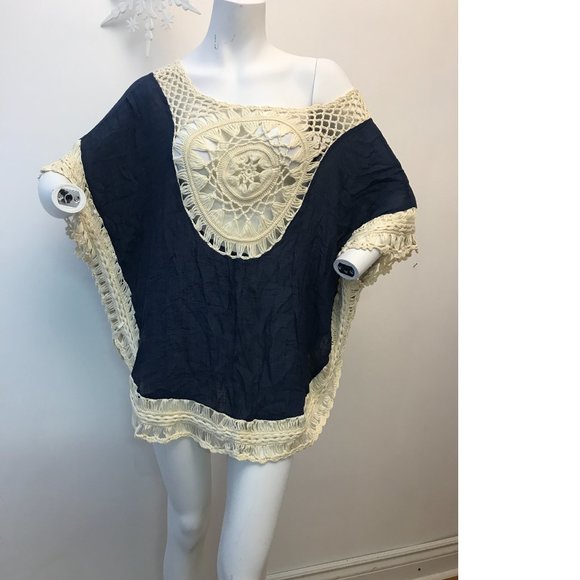 Boho Bohemian Crochet Crepe Coverup Swim Beach Tunic Dress Free People Copy NWOT - Picture 4 of 6